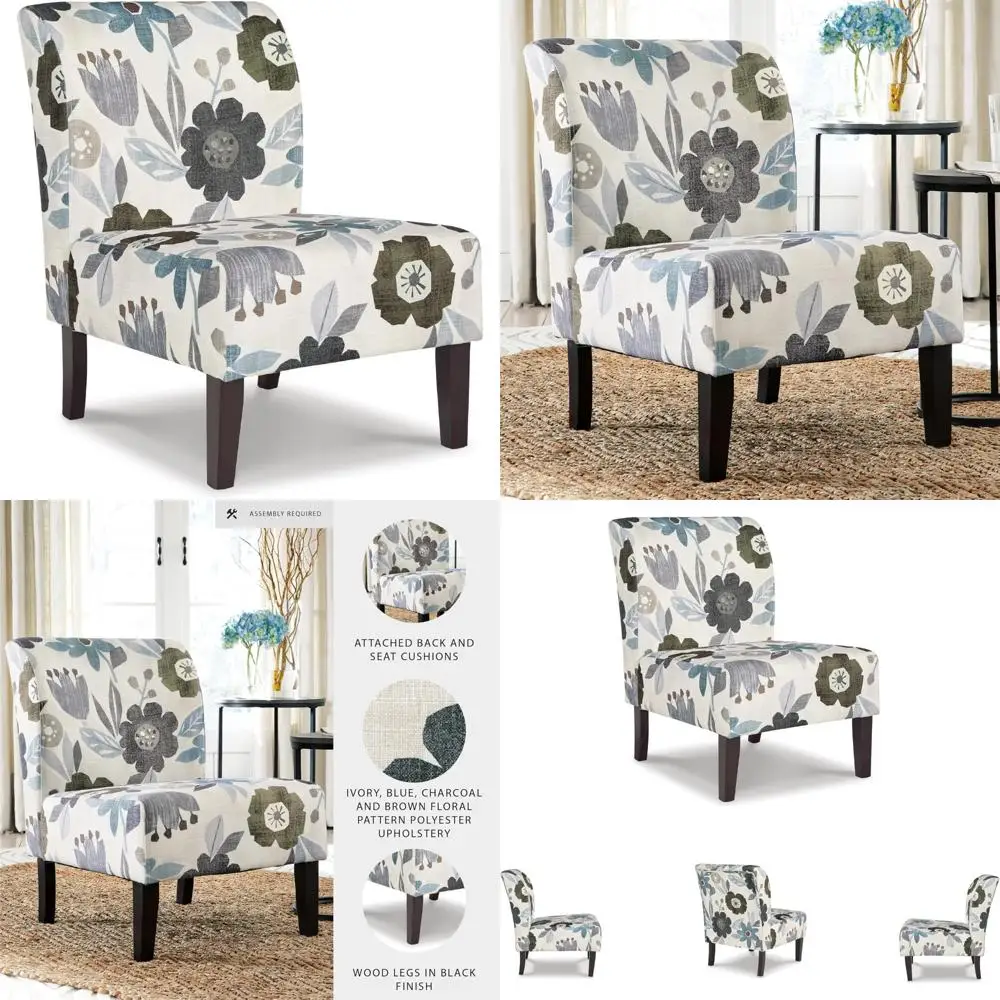 تصميم مميز من Ashley Triptis كرسي بدون ذراع مزين بالزهور، أبيض، أزرق ورمادي #1