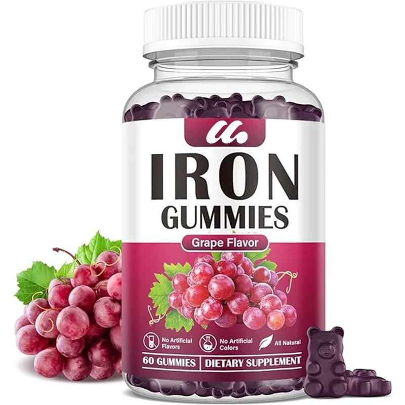 

Male and female iron gummies supplement, containing vitamin C, B12, folic acid - grape flavor, vegetarian, 60 gummies