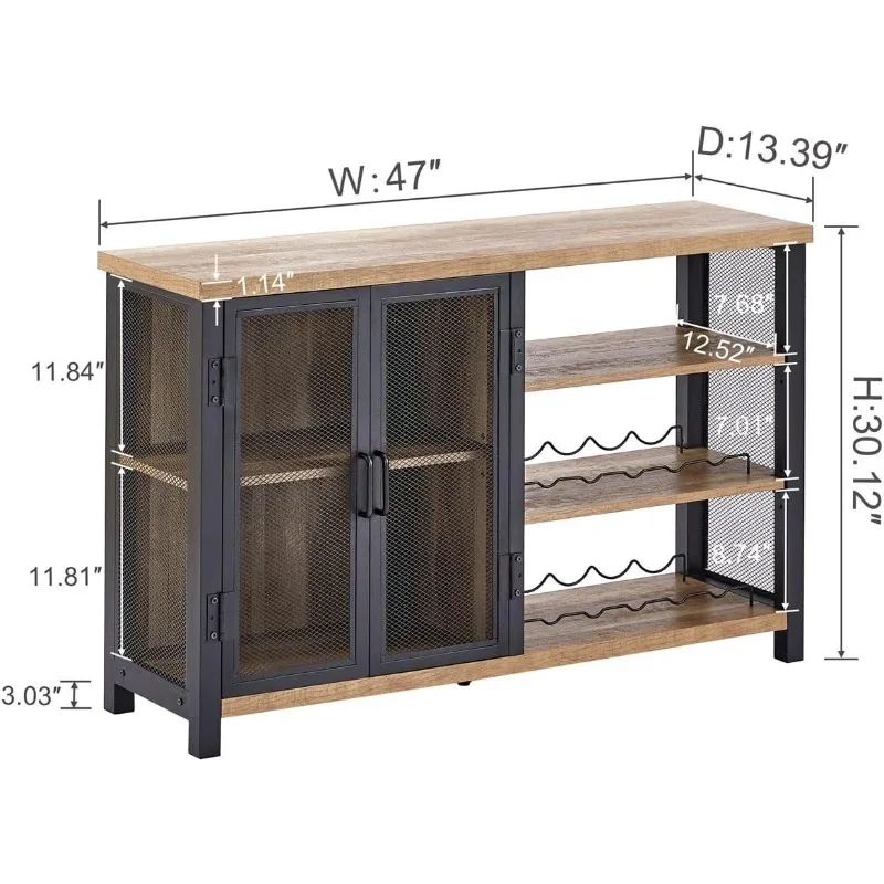 BON AUGURE Industrial Bar Cabinet for Liquor and Glasses, Rustic Wine Cabinet with Doors, Farmhouse Coffee Bar Cabinet with