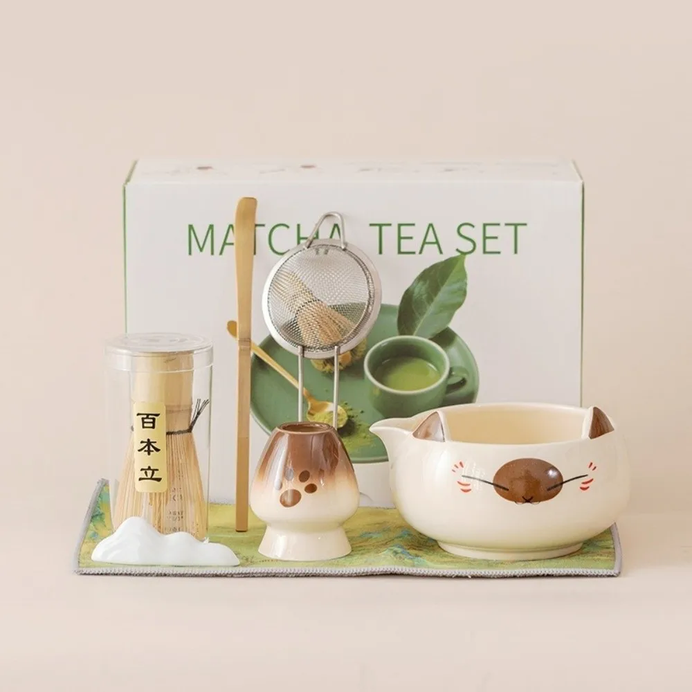 2/5/7pcs Ceramic Bowl Matcha Tea Set Pink Color Five Piece Set Japanese Tea Whisk Gift Box With Spout Tea Making Tool