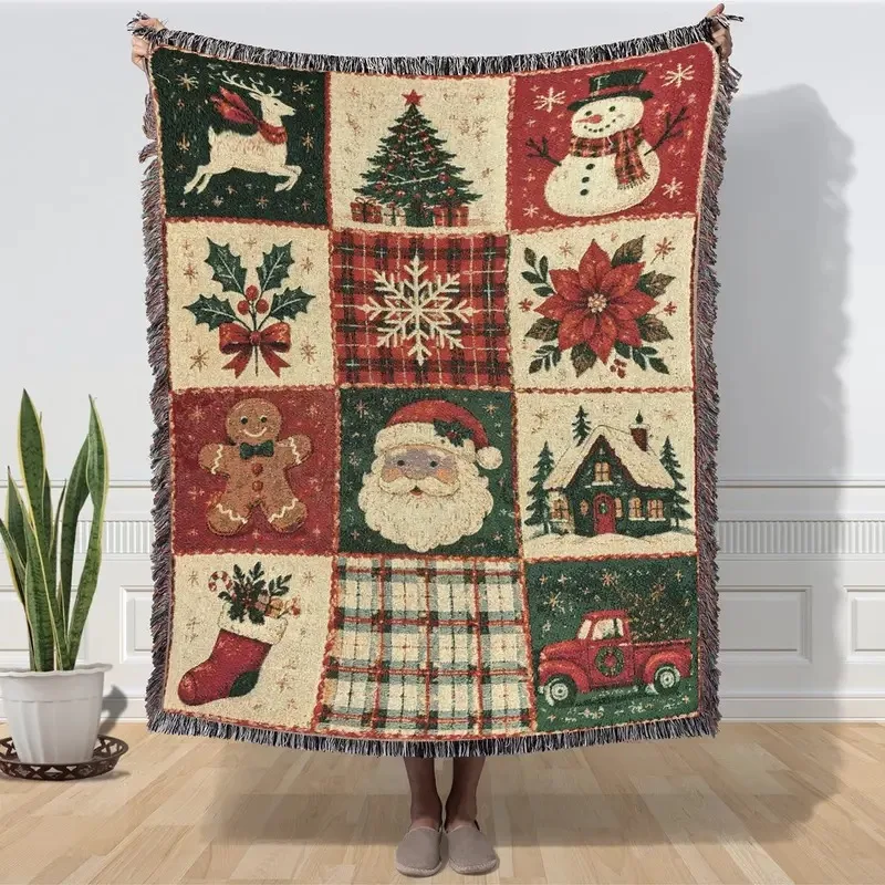 Vintage Christmas Patchwork Tassel Tapestry Christmas Throw Sofa Blanket Christmas Holiday Decorative Tapestry