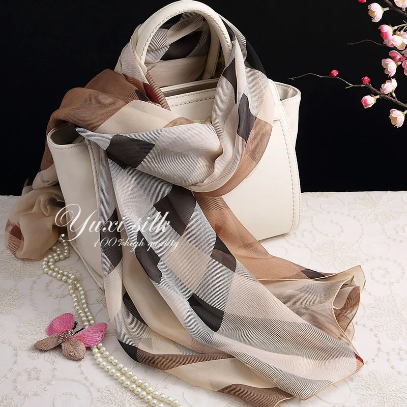 

High Quality Coffee Color Plaid 100% Silk Long Scarf Shawl Women's Spring, Autumn and Winter Summer