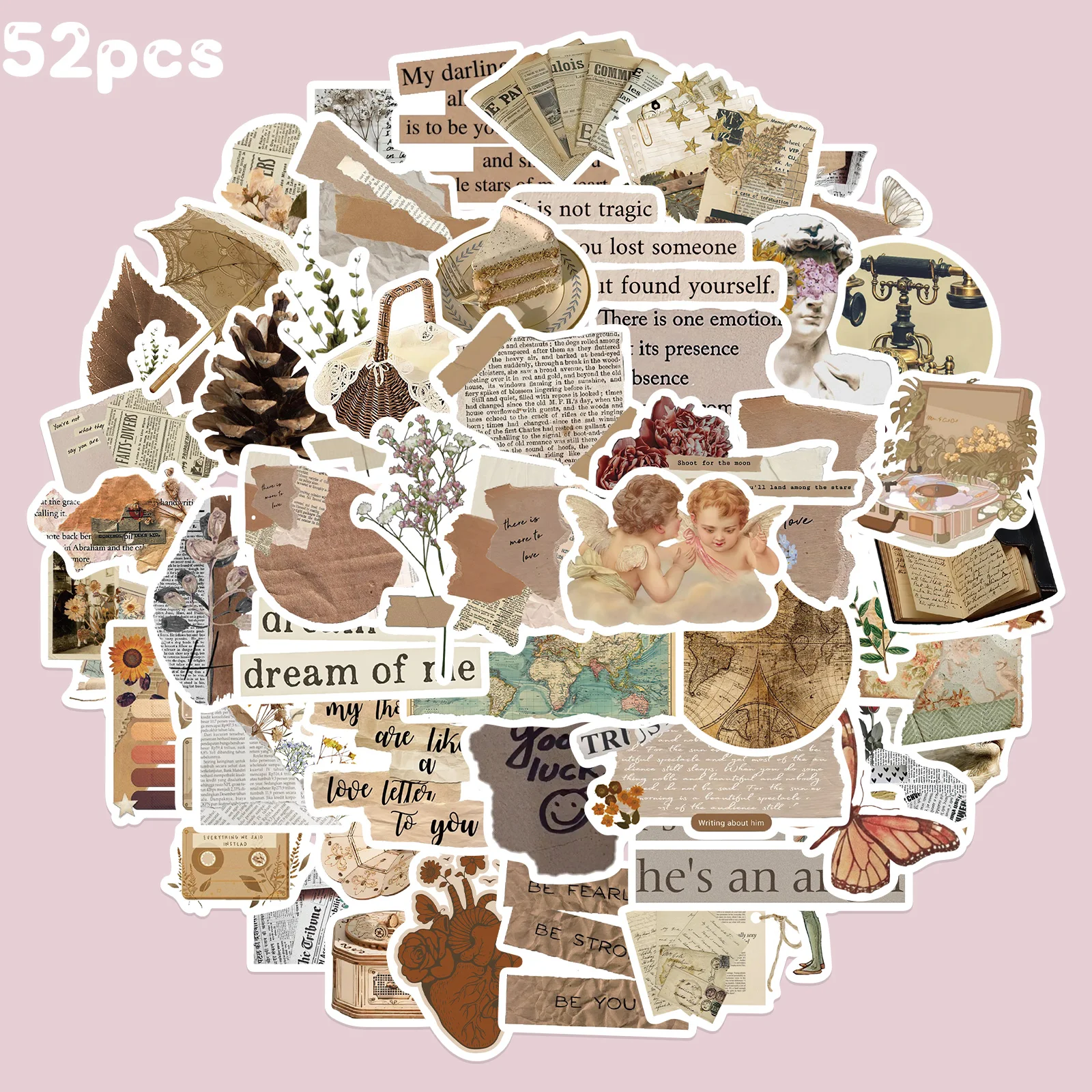 

52PCS Cartoon Vintage Stickers Retro Style Pattern Diary Planner Decorative Scrapbooking Stationery Supplies Craft Sticker