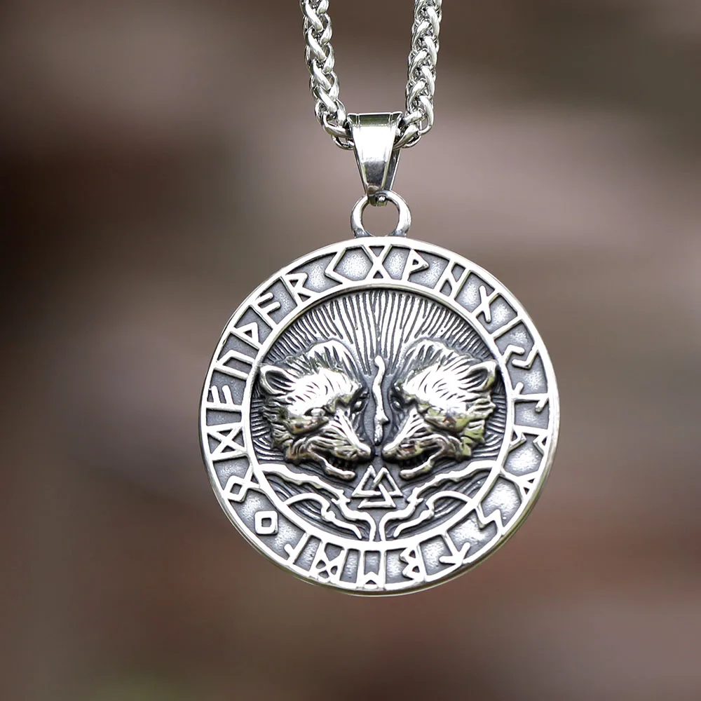 2025 نمط جديد الفولاذ المقاوم للصدأ فايكنغ مزدوجة الذئب قلادة فايكنغ الرونية تميمة هيلم العراف مجوهرات للرجال بالجملة #2