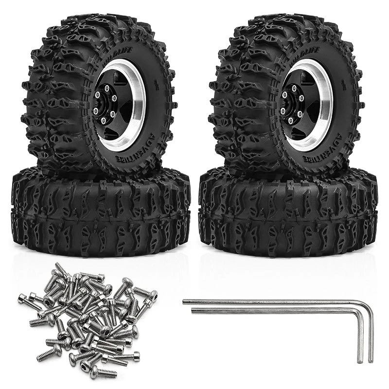 4Pcs 1.3 Inch Beadlock Wheel Rim Rubber Tires Set, RC Crawler Tire Skin Upgrade Parts for 1/18 TRX4M SCX24 FMS Ascent‑18 1/24 RC