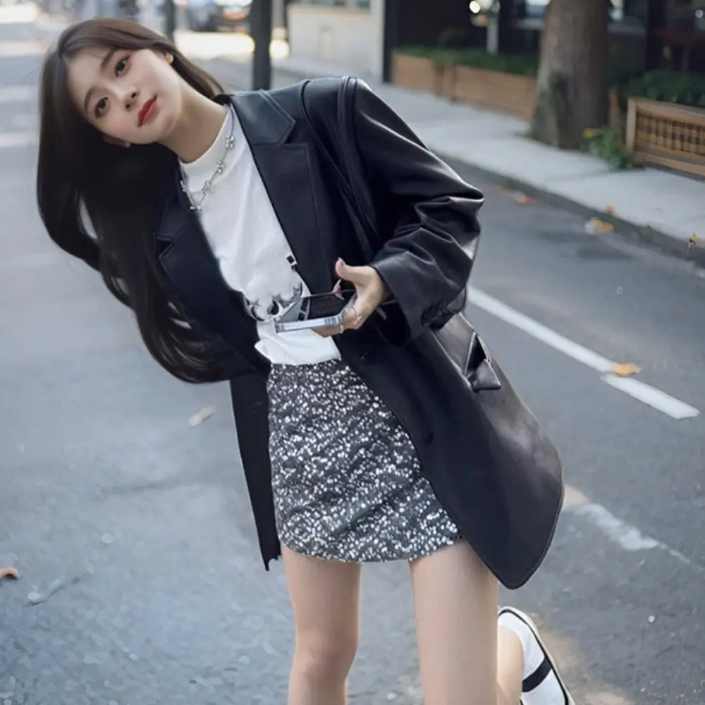 

Fashion Lapel Collar Leather Jacket Women Korean Chic Outerwear Suit Leather Jacket Loose Retro Windbreaker Jackets Holiday