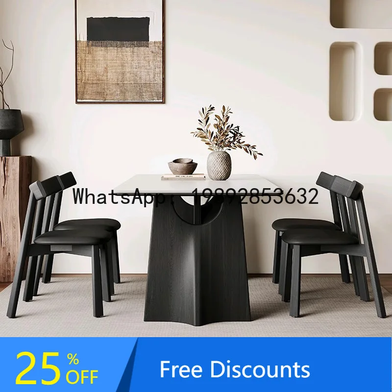 CZ Black Solid Wood Vintage Style Dining Table Rectangular Modern Simple Retro Matte Pure White Rock Board Dining Table
