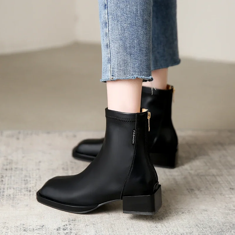 Zipper Boot Short Boots Women\'s Grace Ankle Boots Mid-heel Thick Heel Square Toe Chelsea Boots 2022 Autumn Winter Botas Mujer