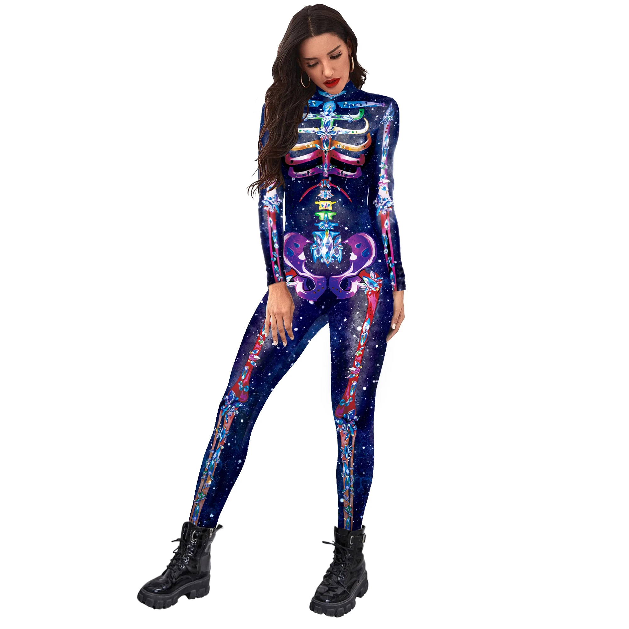 IOOTIANY Horror Lila Totenkopf-Druck Bodysuit Day of the Dead Halloween Feiertags-Spielset Erwachsenen-Jumpsuit Karneval Cosplay Zentai Kostüm – Detail 6
