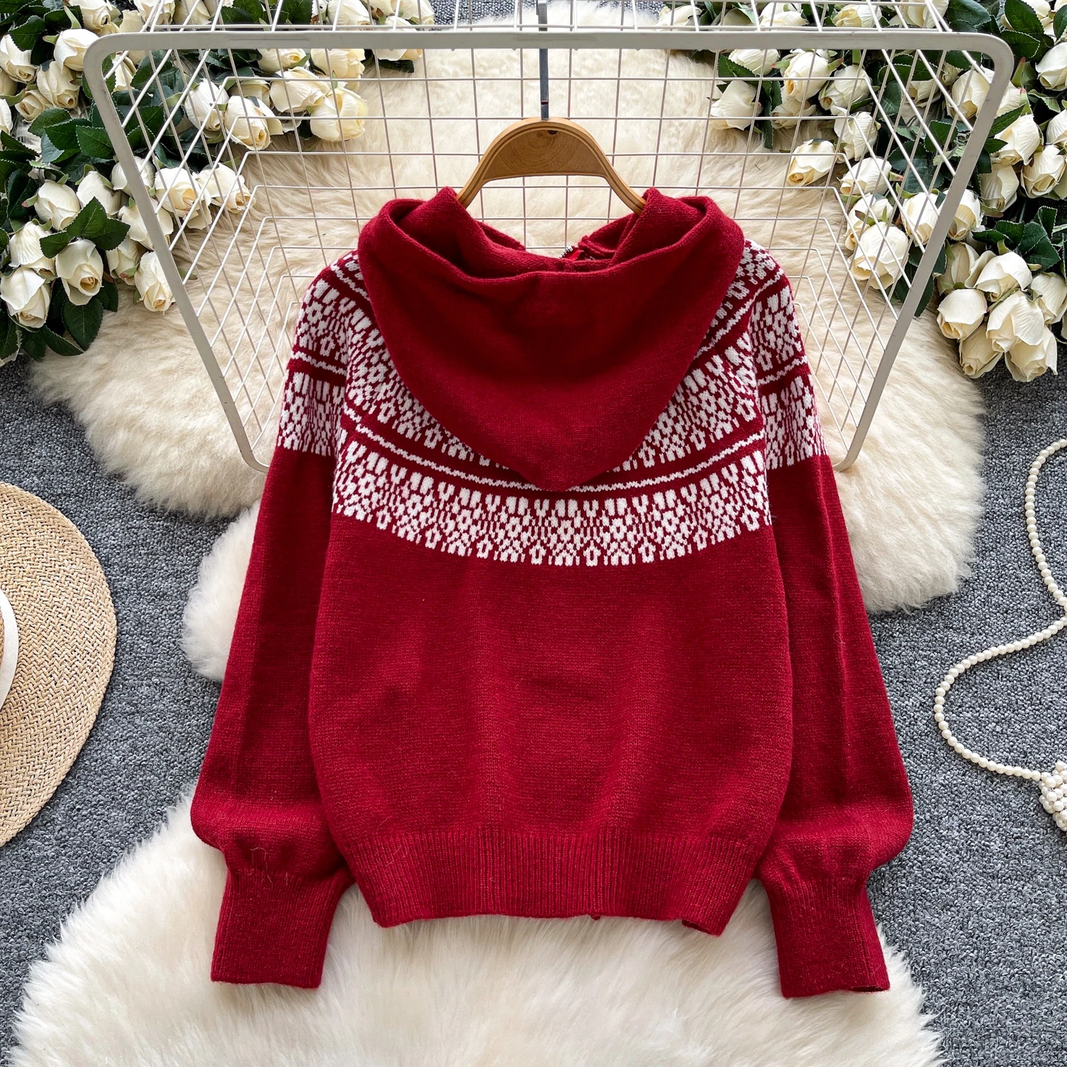 Cardigan con cappuccio jacquard con doppia cerniera Autunno Inverno Nuovo maglione lavorato a maglia a maniche lunghe Casual con giunture larghe Cappotti caldi versatili