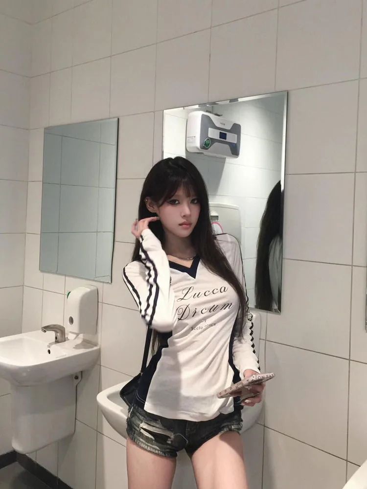 Cseta Fena de Manga Longa com Decote em V trada Estilo Americano Ajustada para o Verão Moda Casual