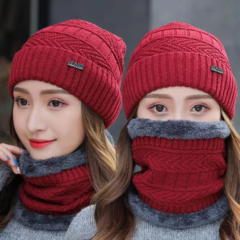 Winter Knitted Scarf Hat Set Womens Beanie Thick Warm Skullies Hats Outdoor Cycling Riding Ski Bonnet Caps Tube Scarf Rings