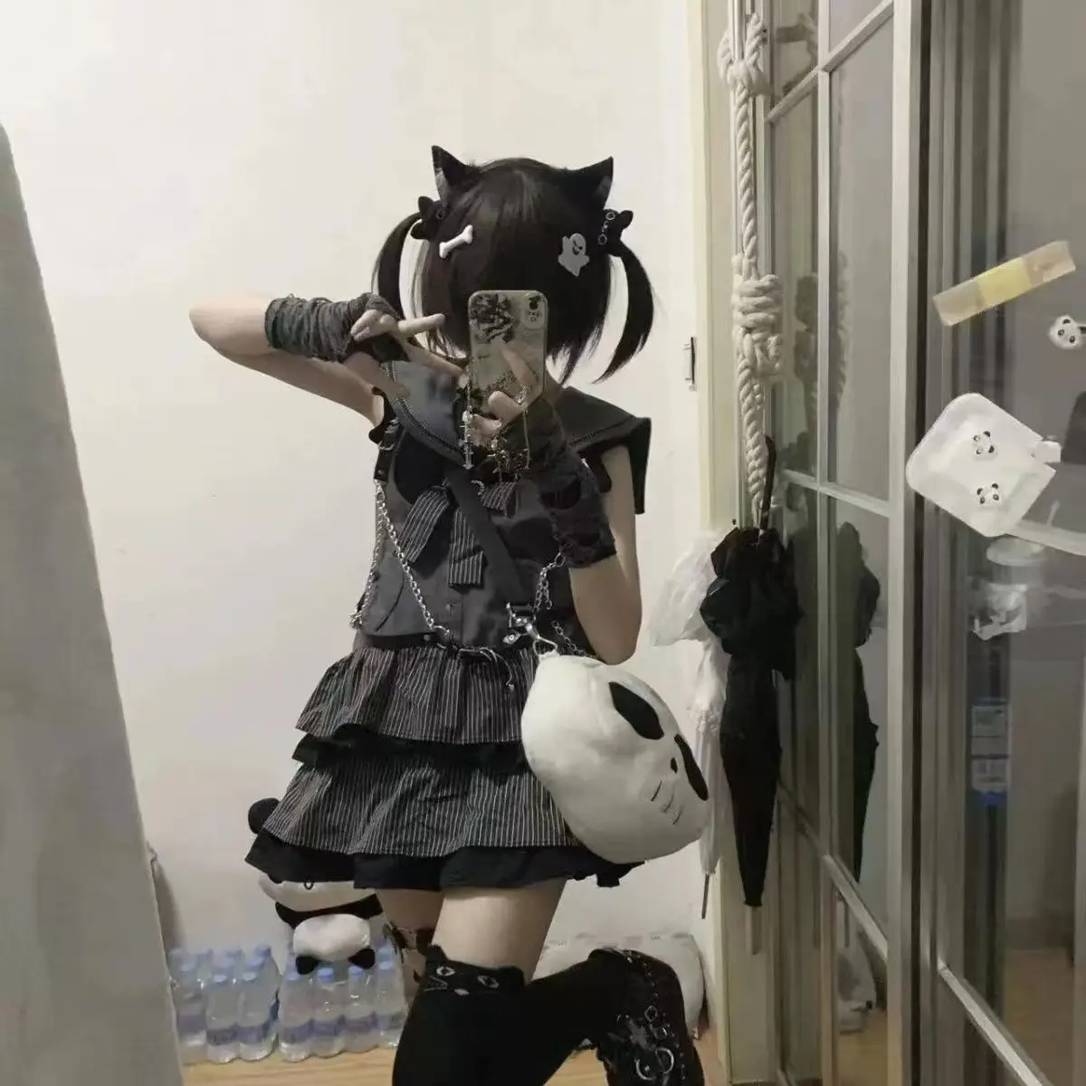 

Готическая женская тонкая рубашка с короткими рукавами, топы + платье на бретелях, комплект из двух предметов, 2025 оригинальное платье с милым котенком и матросским воротником для девочек