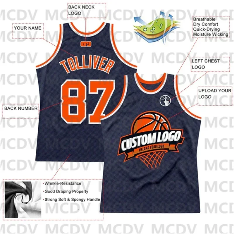 Custom Navy Orange-White Authentic Throwback Basketball Jersey Print Team Name Number Vest Game Practice Clothes Adult/Youth