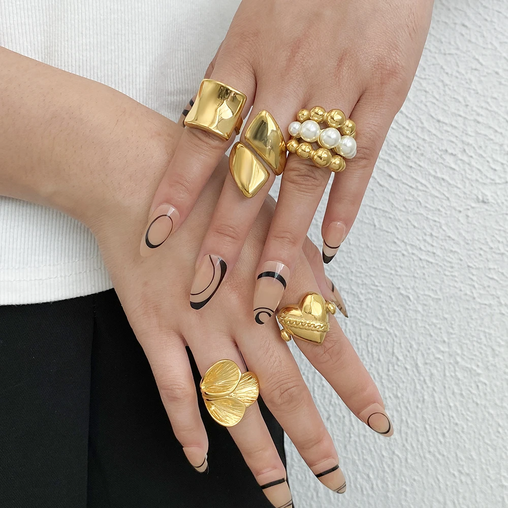Greatera Chunky Stainless Steel Rings for Women Aesthetic Heart Pearl Geometric Finger Ring Gold Plated Waterproof Jewelry Gift