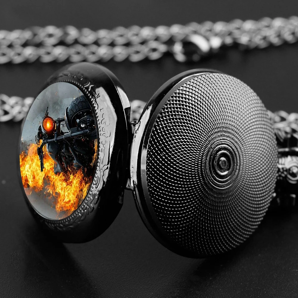 Vintage Cool Motorcycle Graphic Quartz Pocket Watch, Necklace Pendant with World Time Feature, Ideal Gift for Men Women and Kids