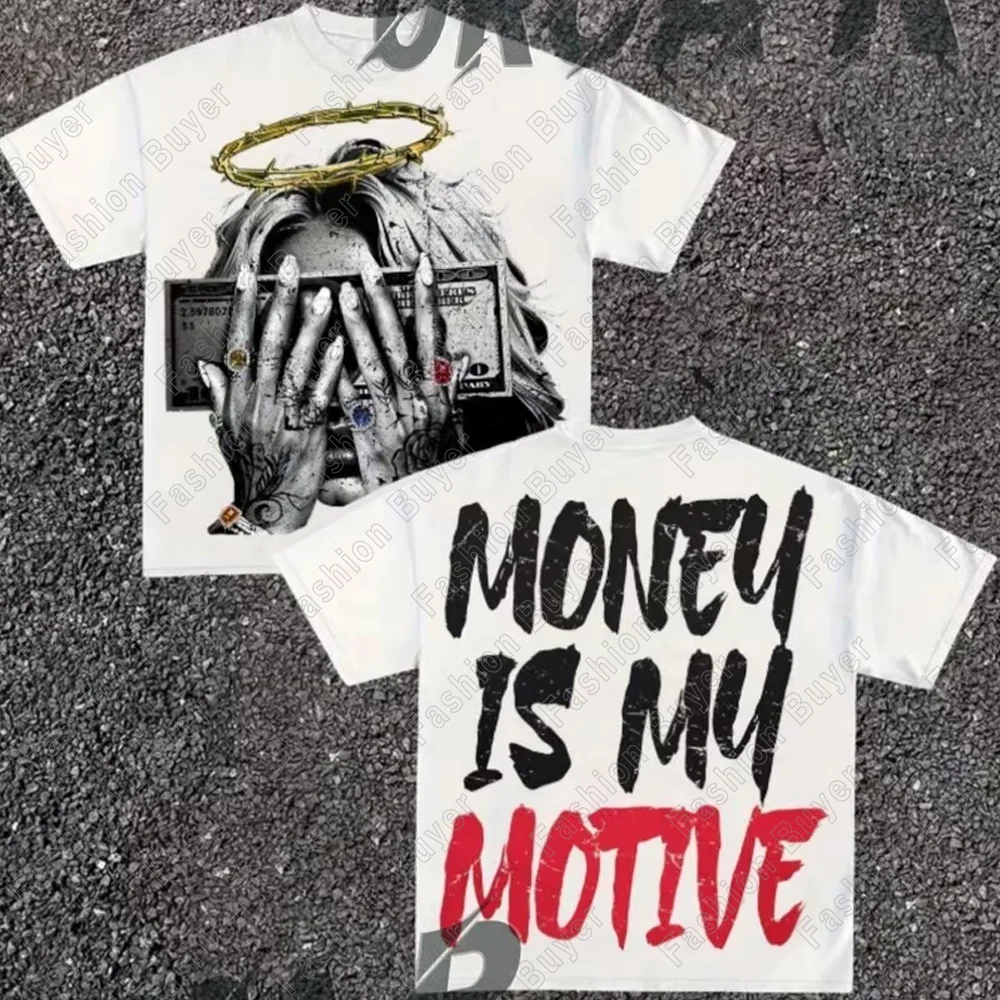 Classic Y2K Money Angel's Troubled Face Print T-Shirt High Street Shirts Gothic Round Neck Cotton Tops New Mens Women T Shirt