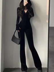 Women Sexy Bodycon Black Velvet Jumpsuit Autumn Fashion Hooded Zipper Flare Pants Rompers Vintage Y2k Streetwear Winter Outfits