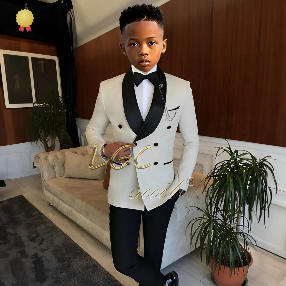 Boy\'s wedding black shawl collar double-breasted dress and trouser suit, tuxedo custom suit for boys 2 to 16 years old