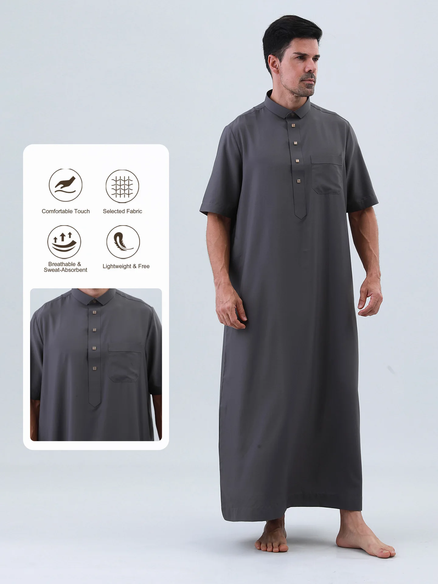 

2026 Men Islamic Short Sleeve Kaftan Stand Collar Pocket Design Saudi Thobe Dubai Style Loose Muslim Prayer Casual Robe Outfit