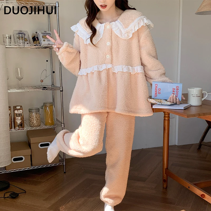 DUOJIHUI Korean Style Loose Sweet Chicly Lace Female Pajamas Set Winter Thick Warm Soft Simple Casual Fashion Pajamas for Women