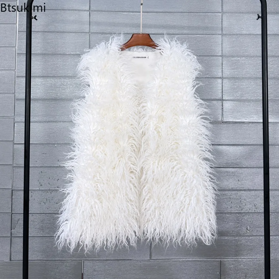 New Women's Middle Long Fluffy Colorful Mongolia Sheep Fur Vest Autumn Winter Sleeveless Faux Fur Jackets Luxury Warm Waistcoats 4
