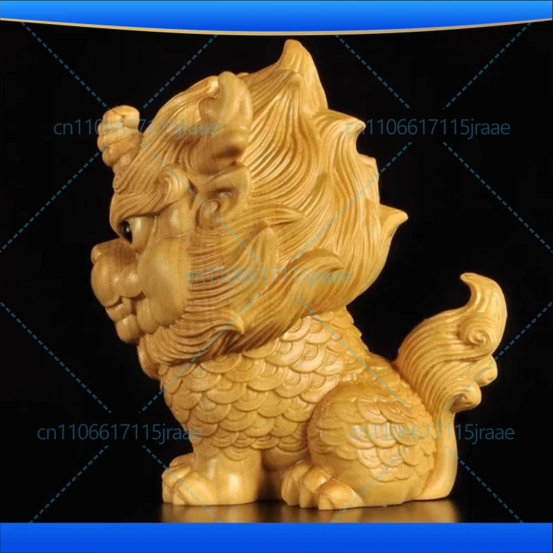 Wooden -Auspicious Kirin Small statue Solid wood carving China's fortune-making, evil-repelling God Beast Home Room art statue