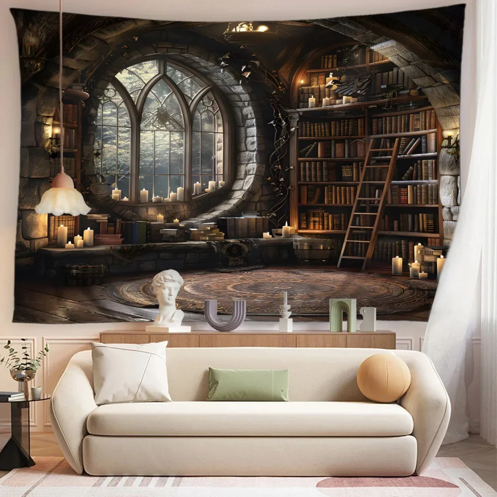 Tapiz de biblioteca Vintage, Mural de libros antiguos, estantería, velas de ático, decoración gótica para el hogar, dormitorio, sala de estar, dormitorio, colgante de pared