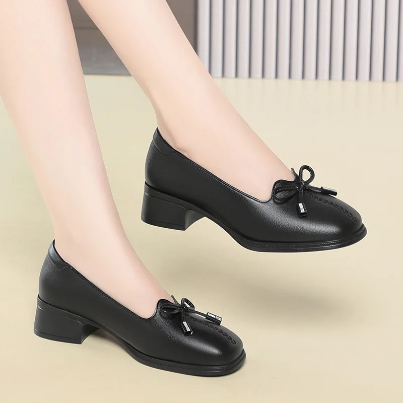 

Женские лоферы из мягкой кожи на среднем каблуке 4 см, ретро-стиль, дышащие, удобные, с бантом, для офиса и повседневной носки, весна 2026