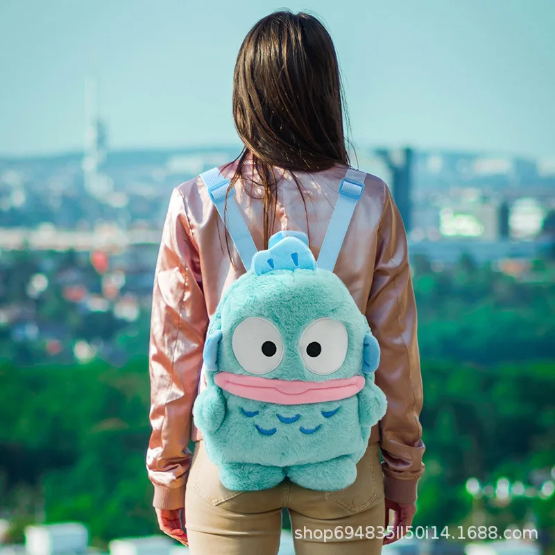 

Милый плюшевый рюкзак Sanrio Hangyodon - пушистый синий рюкзак в виде мультяшной рыбки-монстра, кавайная плюшевая сумка для детей, девочек и фанатов
