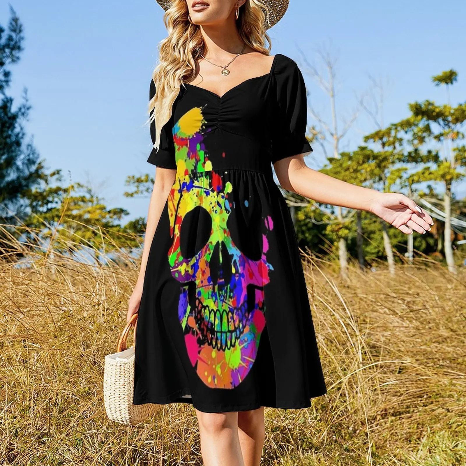 Colorful Skull Broken Casual Dress  Stylish Dresses Pretty Dress Woman V Neck Big Size Clothing