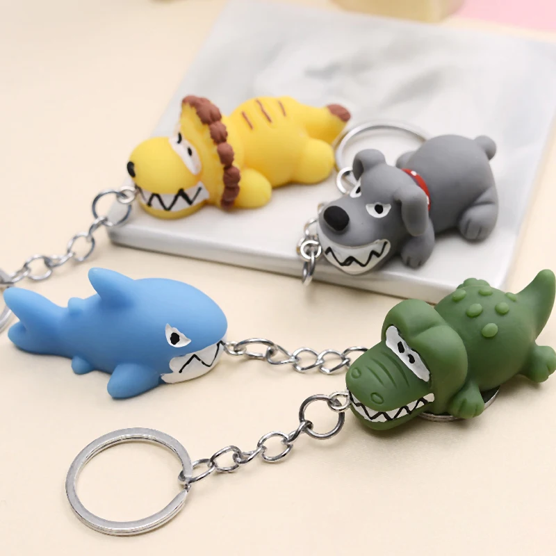 Cartoon Animal Keychain Funny Lion Shark Crocodile Dog Rubber Key Chain Car Keyring Bag Pendant Gift