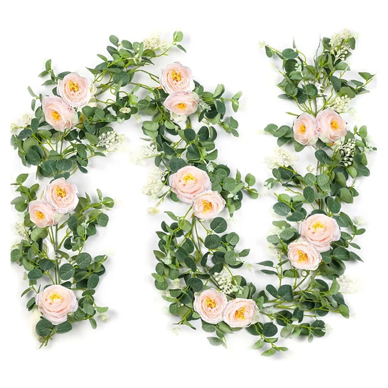 2 Pack Eucalyptus Garland With Champagne Rose, Greenery Garland Bulk Artificial Silk Floral Eucalyptus Leaves Vines