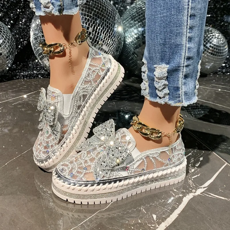 Sneakers da Donna in Pizzo con Fiocco, Scarpe Estive Traspiranti con Suola Piatta, Taglie Grandi 36-45