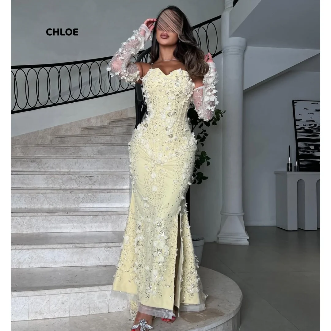Robes de soirée en dentelle florale femme robes de bal de luxe élégantes 2025 queue de poisson jaune robe de bal pour femmes manches longues personnalisées