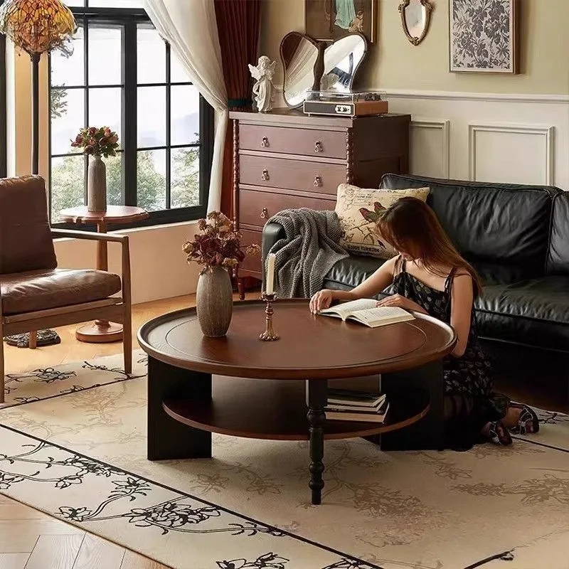 American retro coffee table all solid wood round tea table household living room small table medium antique small apartment