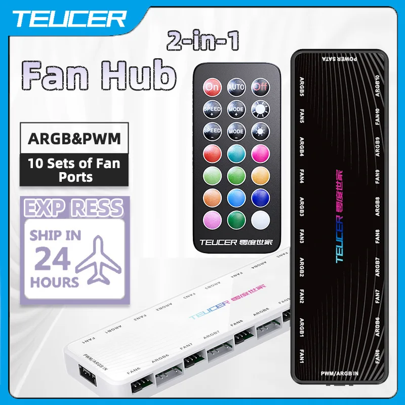 TEUCER ARGB 컨트롤러 PWM 냉각 선풍기 허브, Sata 전원 자기 흡입 허브, PC 케이스용 주소 지정 가능 RGB 스플리터, 1-10 4 핀 