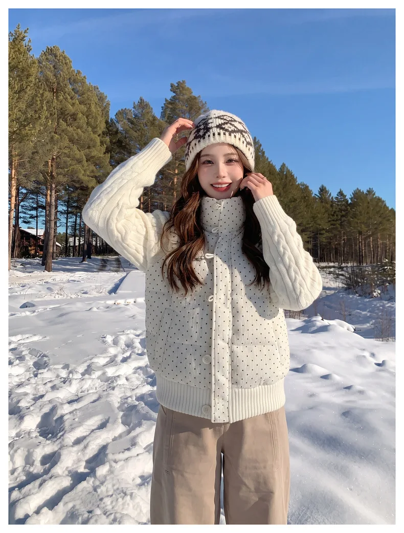 Korean Polka Dot Knit Patchwork Corduroy Cotton Jacket for Women Winter Sweet Thick Puffer Jackets Woman Stand Collar Y2K Parkas
