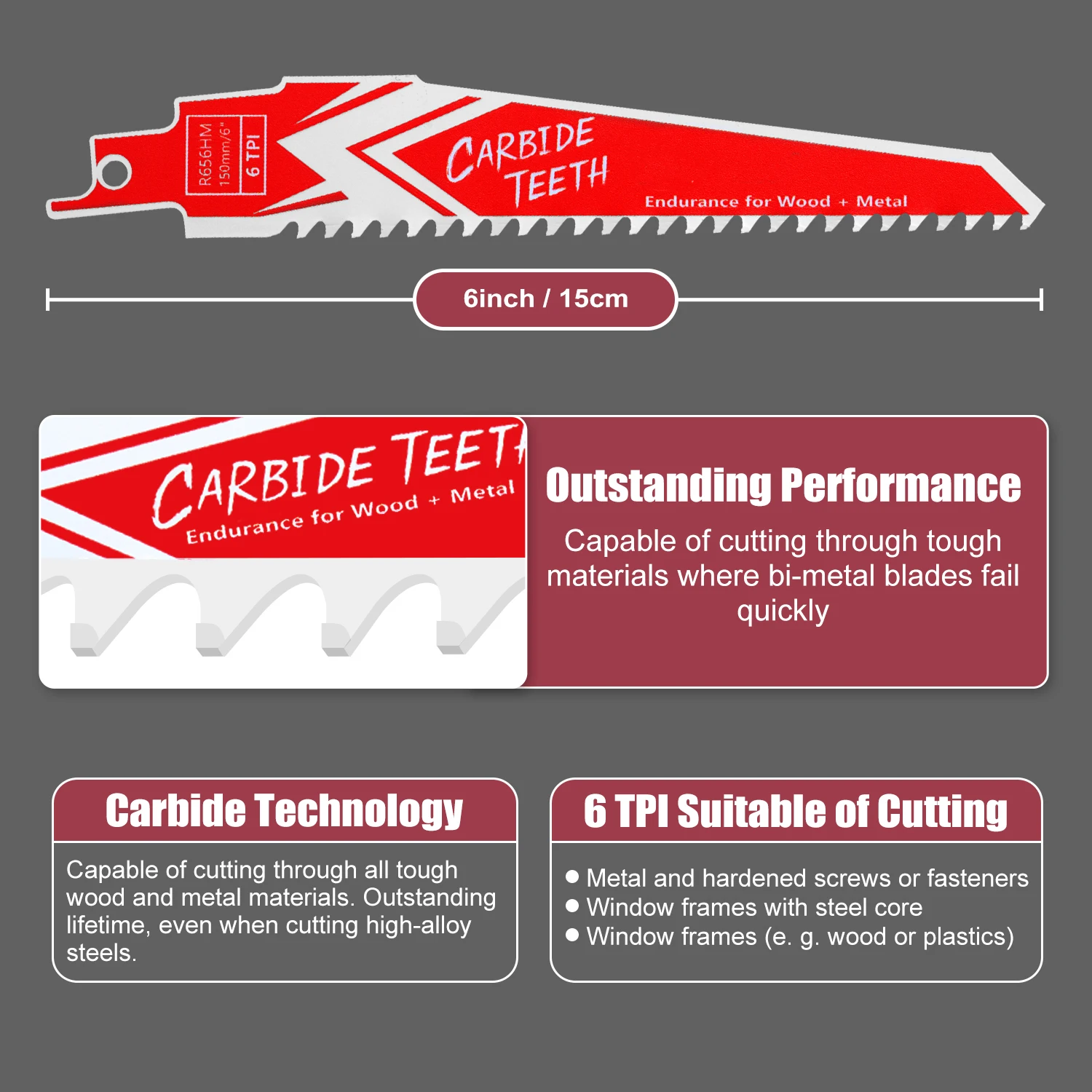 EZARC 3Pcs 6-Inch Carbide Reciprocating Saw Blades Endurance Sabre Saw Blade Set 6TPI for Hard Wood and Metal Clean Cutting