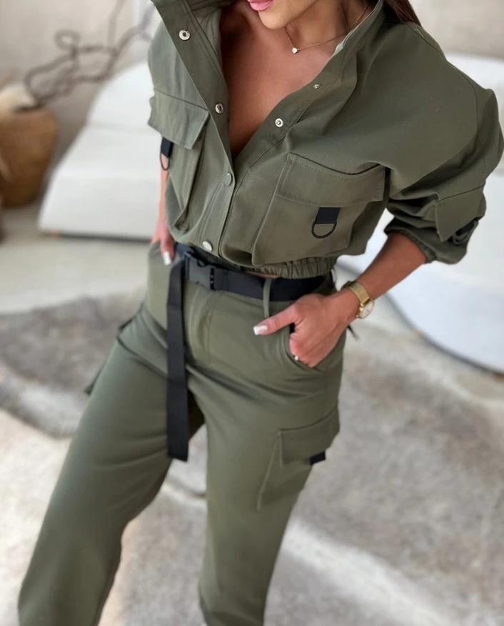 Fashion Women Casual Two Piece Set Long Sleeve Stand Collar Pocket Design Buckle Buttoned Cargo Top and Sport Cuffs Pants Set