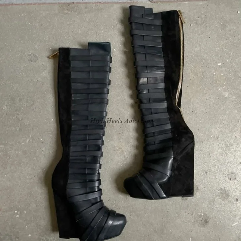 مثير أسود/أحمر جلد أسافين حذاء برقبة للركبة 2025 شتاء جديد في منصة سوبر عالية الكعب سستة حذاء بوت بطول الكاحل تصميم أحذية الحفلات #3