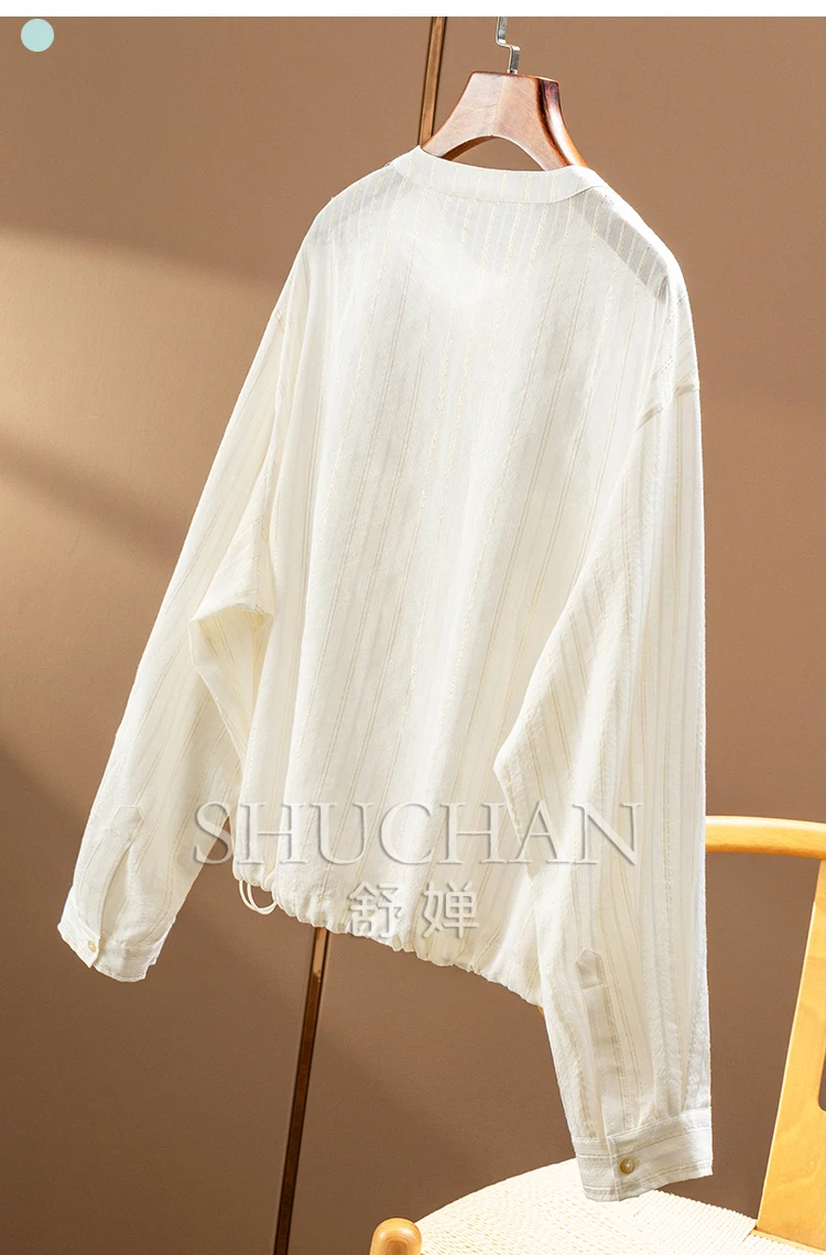 New High Style Silk Cotton Gold Silk Vertical Jacquard Shirt Jacket Women 05E4 Blusas Mujer De Moda 2025