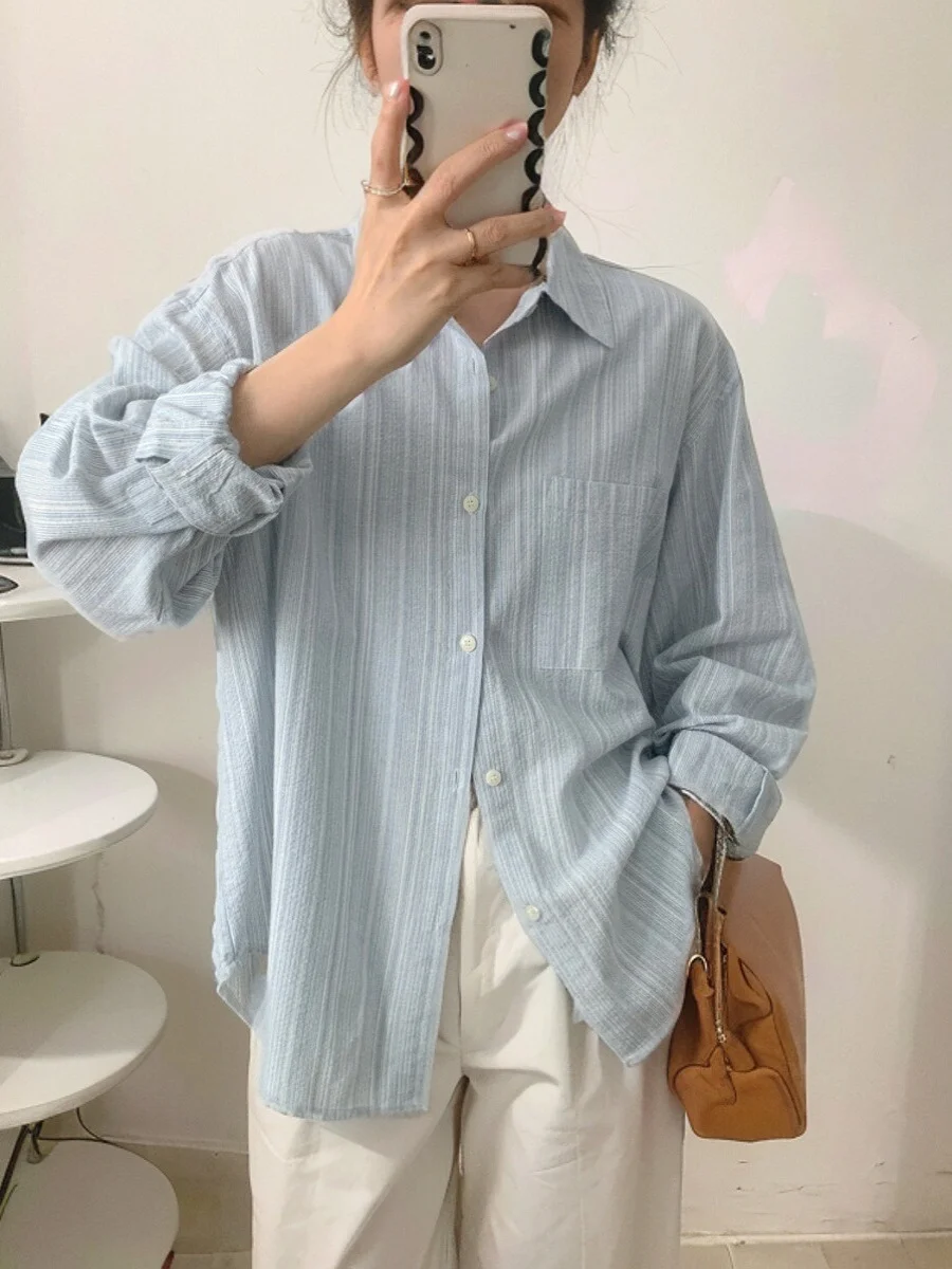 Retro Hong Kong Style Textured Blue Striped Shirt Women's Spring 2025 New Long Sleeve Sun Protection Loose Top  Collar