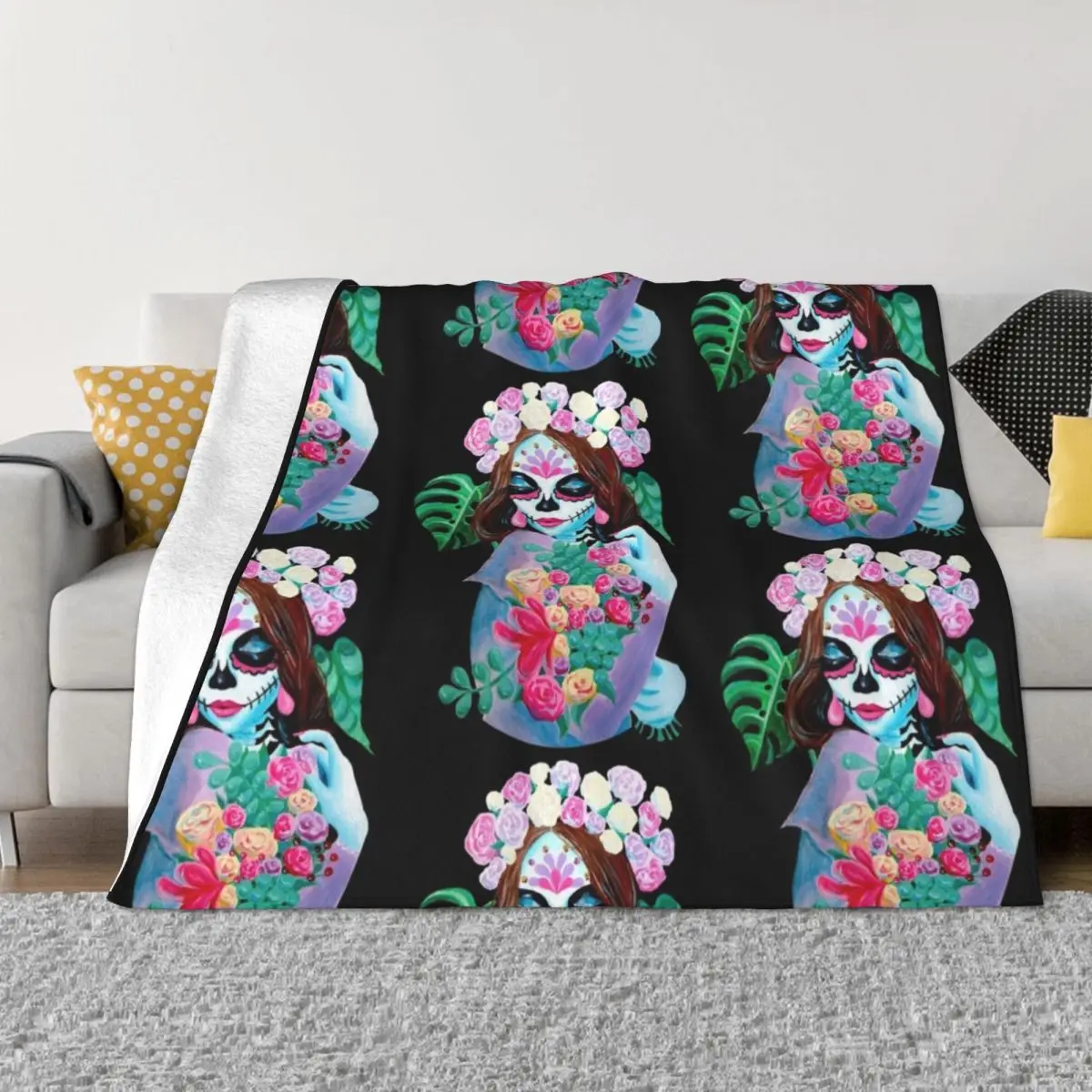 Sugar Skull Girl with Flowers - La Catrina Throw Blanket For Sofa Sofa Quilt Retro Blankets