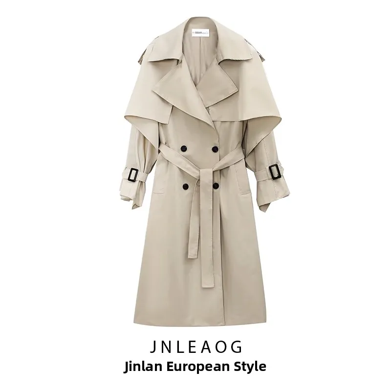 

Faionable Windproof Double-Breasted Autumn Coat JNLEAOG Women's Clothing Straight Cut Long Sve Suit Collar Mid-Length Coat