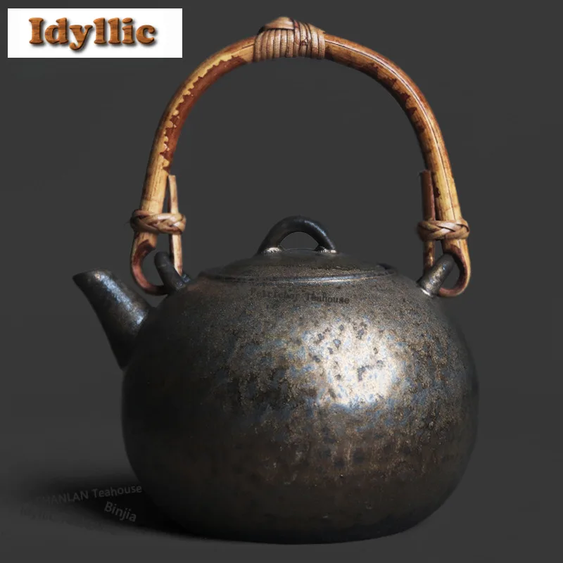 

580ml Kiln-fambe Black Gold Loop-handled Teapot Boutique Tea Infuser Pot Tea Brewing Kettle With Filter Teaset Ornaments Gifts