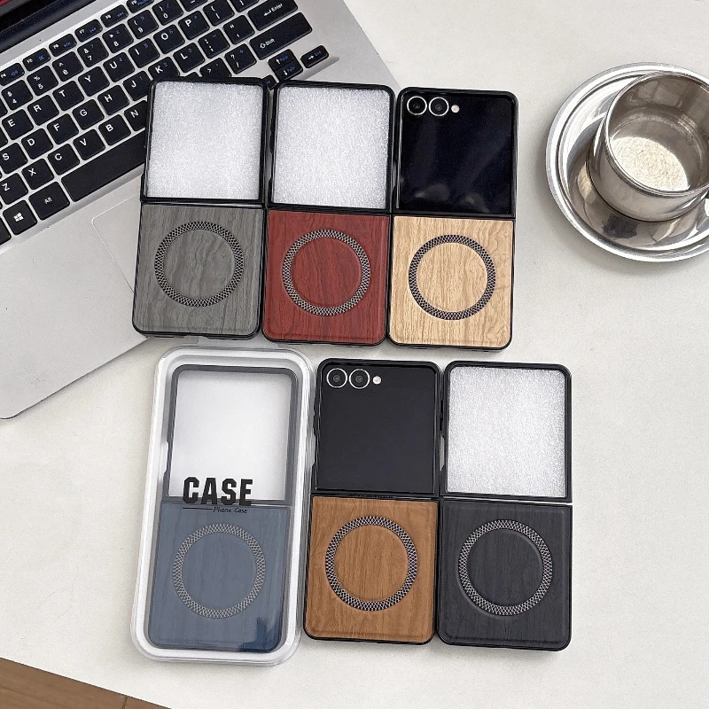 Holzmaserung Leder Magnetische Hülle für Samsung Galaxy Z Flip Fold 8 Ultra Wide 7 6 5 4 3 Stoßfeste Harte Schutzhülle
