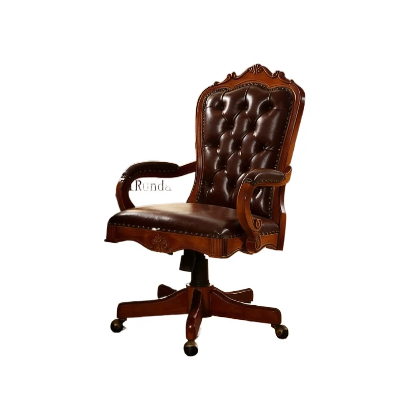 Tufted Leather Swivel Chair High Back Cherry with Nail Head Decorative Roller Office Chair Vintage Home Office Chair