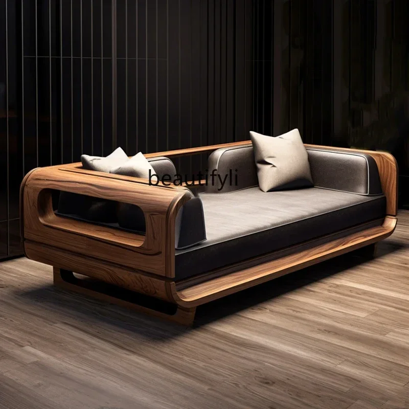 l New Chinese Zen solid wood sofa bed living room, North American black walnut, chaise longue arhat bed