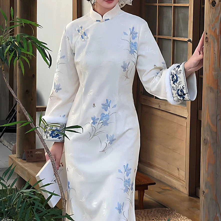 النمط الصيني الجديد على الطراز الوطني شيونغسام تحسين الشباب المألوف المطبوعة فستان نحيف 2025 فستان ربيع الخريف الاتجاه #1
